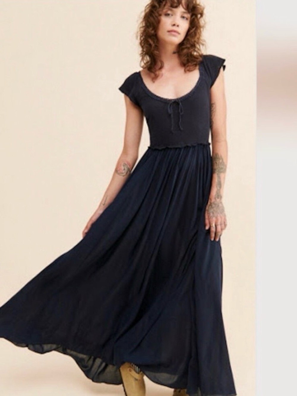 Free People Navy Scoop-Neck Flowing Maxi Dress
